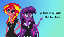 Size: 1024x585 | Tagged: dead source, safe, artist:wubcakeva, sci-twi, sunset shimmer, twilight sparkle, demon, comic:ask casual midnight and demon shimmer, equestria girls, g4, alternate clothes, alternate hairstyle, casual, causal midnight sparkle, female, grin, lesbian, midnight sparkle, midnightsatan, ship:sci-twishimmer, ship:sunsetsparkle, shipping, smiling, sunset satan