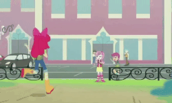 Size: 672x402 | Tagged: safe, screencap, apple bloom, scootaloo, sweetie belle, wiz kid, equestria girls, equestria girls specials, g4, my little pony equestria girls: better together, my little pony equestria girls: forgotten friendship, animated, boots, clothes, cropped, cutie mark crusaders, jeans, legs, pants, parking, shoes, shorts, skirt