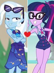 Size: 429x581 | Tagged: safe, edit, edited screencap, screencap, trixie, twilight sparkle, equestria girls, equestria girls series, forgotten friendship, g4, clothes, crossed arms, female, glasses, heart, lesbian, ship:twixie, shipping, shipping domino, swimsuit