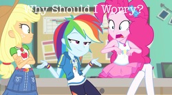 Size: 1024x568 | Tagged: safe, edit, edited screencap, screencap, applejack, pinkie pie, rainbow dash, equestria girls, equestria girls specials, g4, my little pony equestria girls: better together, my little pony equestria girls: forgotten friendship, crossover, cute, dashabetes, oliver and company, shrug, text edit