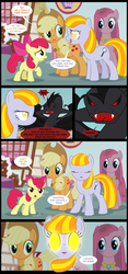 Size: 1240x2644 | Tagged: safe, artist:culu-bluebeaver, apple bloom, applejack, pinkie pie, oc, oc:plague, oc:ruby, oc:ruby (story of the blanks), earth pony, ghost pony, pony, snake, comic:the six-winged serpent, story of the blanks, g4, comic, dialogue, element of honesty, element of laughter, female, filly, glowing eyes, mare, oc villain, sugarcube corner