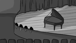 Size: 1280x720 | Tagged: safe, artist:tjpones, oc, oc only, oc:brownie bun, oc:richard, earth pony, human, pony, horse wife, animated, bowtie, clothes, concert, curtains, female, grayscale, human male, instructions, male, mare, monochrome, music, musical instrument, piano, sheet music, sitting, sound, stage, suit, tumblr, video at source, webm