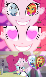 Size: 1280x2158 | Tagged: safe, pinkie pie, sunset shimmer, trixie, coinky-dink world, eqg summertime shorts, equestria girls, equestria girls series, forgotten friendship, g4, good vibes, my little pony equestria girls: legend of everfree, female, heart eyes, lesbian, meme, pinkie the shipper, pinkie's eyes, server pinkie pie, ship:suntrix, shipper on deck, shipping, wingding eyes