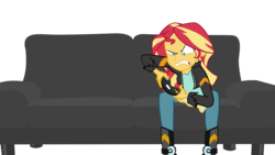 Size: 2560x1440 | Tagged: safe, artist:ngrycritic, sunset shimmer, equestria girls, equestria girls series, g4, game stream, spoiler:eqg series (season 2), angry, boots, clothes, controller, couch, female, gamer, jacket, leather jacket, pants, shoes, simple background, solo, transparent background