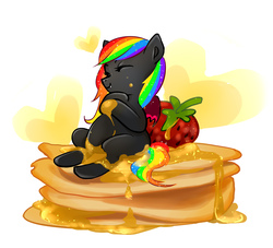 Size: 2289x2082 | Tagged: safe, artist:raranfa, oc, oc only, oc:noodle, bat pony, pony, bat pony oc, eating, food, full, high res, honey, micro, pancakes, rainbow hair, solo, strawberry, syrup, ych result