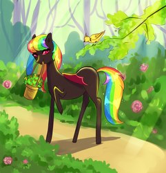 Size: 2086x2160 | Tagged: safe, artist:ptiza, oc, oc only, oc:noodle, bat pony, bird, basket, bat pony oc, crepuscular rays, cute, forest, high res, mouth hold, nature, rainbow hair, scenery, solo, ych result