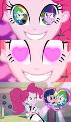 Size: 1280x2192 | Tagged: safe, pinkie pie, rainbow dash, twilight sparkle, coinky-dink world, equestria girls, g4, my little pony equestria girls: summertime shorts, female, heart eyes, lesbian, meme, pinkie's eyes, ship:twidash, shipping, wingding eyes