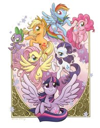 Size: 825x1050 | Tagged: safe, artist:brenda hickey, applejack, fluttershy, pinkie pie, rainbow dash, rarity, spike, twilight sparkle, alicorn, dragon, earth pony, pegasus, pony, unicorn, g4, applejack's hat, cowboy hat, female, hat, looking at you, male, mane seven, mane six, mare, spread wings, traditional art, twilight sparkle (alicorn), wings