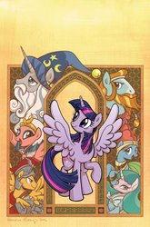 Size: 787x1195 | Tagged: safe, artist:brenda hickey, idw, flash magnus, meadowbrook, mistmane, rockhoof, somnambula, star swirl the bearded, twilight sparkle, alicorn, earth pony, pegasus, pony, unicorn, g4, legends of magic #1, my little pony: legends of magic, spoiler:comic, armor, beard, cover, curved horn, cute, facial hair, female, glare, hat, horn, lidded eyes, looking at you, looking back, male, mare, meadowcute, open mouth, pillars of equestria, smiling, smirk, somnambetes, spread wings, stallion, twilight sparkle (alicorn), wings
