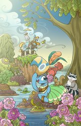 Size: 807x1257 | Tagged: safe, artist:brendahickey, idw, official comic, meadowbrook, rockhoof, bird, earth pony, frog, pony, rabbit, raccoon, squirrel, turtle, g4, legends of magic, spoiler:comic, spoiler:comiclom8, animal, cover, female, flower, healer's mask, male, mare, mask, meadowcute, no logo, pond, rockhoof's shovel, rose, speech bubble, stallion, textless, tree