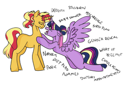 Size: 870x599 | Tagged: safe, artist:ficklepickle9421, sunset shimmer, twilight sparkle, alicorn, pony, series:sunlightsentry weekly, g4, crying, drama queen, female, lesbian, overreaction, panic, pregnant, ship:sunsetsparkle, shipping, simple background, twilight sparkle (alicorn)