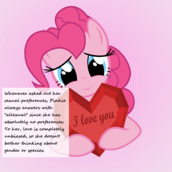 Size: 1280x1280 | Tagged: safe, artist:galekz, pinkie pie, pony, g4, crystal, female, headcanon, heart, love, pink background, simple background, smiling, solo