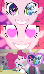 Size: 1280x2160 | Tagged: safe, pinkie pie, sci-twi, trixie, twilight sparkle, best trends forever, best trends forever: twilight sparkle, coinky-dink world, equestria girls, g4, my little pony equestria girls: better together, my little pony equestria girls: summertime shorts, female, glasses, heart eyes, lesbian, meme, pinkie's eyes, ship:sci-twixie, ship:twixie, shipping, wingding eyes