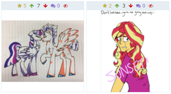 Size: 435x240 | Tagged: safe, artist:ficklepickle9421, flash sentry, sunset shimmer, twilight sparkle, alicorn, pony, derpibooru, series:sunlightsentry weekly, equestria girls, g4, boop, crying, eyes closed, female, implied flashimmer, implied lesbian, implied sci-twi, implied shipping, implied straight, implied sunsetsparkle, juxtaposition, lined paper, male, meta, noseboop, nuzzling, sad, ship:flashlight, shipping, straight, traditional art, twilight sparkle (alicorn)
