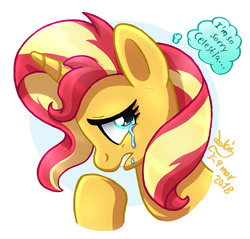 Size: 940x900 | Tagged: safe, artist:joakaha, sunset shimmer, pony, unicorn, equestria girls, equestria girls series, forgotten friendship, g4, abstract background, crying, female, guilty, looking back, mare, remorse, sad, solo, sunsad shimmer, thought bubble