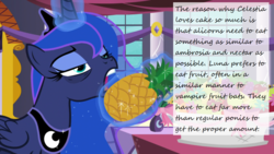 Size: 1280x720 | Tagged: safe, edit, edited screencap, screencap, princess luna, alicorn, pony, a royal problem, g4, alicorn metabolism, bags under eyes, canterlot castle, concave belly, crown, cursive writing, eating, ethereal mane, exhausted, eyelashes, eyeshadow, female, folded wings, food, fruit, glowing, glowing horn, headcanon, herbivore, horn, indoors, jewelry, long mane, magic, magic aura, makeup, mare, open mouth, peytral, pineapple, regalia, slender, solo, standing, starry mane, teeth, telekinesis, text, thin, tired, tired eyes, wings