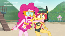 Size: 1920x1080 | Tagged: safe, screencap, pinkie pie, sunset shimmer, equestria girls, equestria girls series, g4, unsolved selfie mysteries, beach shorts swimsuit, belly button, bikini, clothes, dive mask, duo, duo female, female, goggles, midriff, snorkel, sunset shimmer's beach shorts swimsuit, swimsuit
