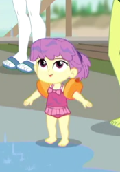 Size: 230x328 | Tagged: safe, screencap, bulk biceps, water lily (g4), equestria girls, g4, my little pony equestria girls: better together, x marks the spot, baby, barefoot, clothes, cropped, cute, feet, flip-flops, sandals, swimsuit, toddler, wet