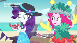Size: 1920x1080 | Tagged: safe, screencap, pinkie pie, rarity, crab, equestria girls, g4, my little pony equestria girls: better together, too hot to handle, and then there's rarity, clothes, costume, dress up, geode of shielding, hat, sarong, skirt, swimsuit, that time rarity fashioned a crab