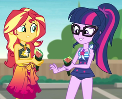Size: 1140x930 | Tagged: safe, screencap, sci-twi, sunset shimmer, twilight sparkle, equestria girls, equestria girls series, g4, x marks the spot, bikini, clothes, cropped, duo, duo female, female, food, midriff, sarong, sci-twi swimsuit, sushi, swimsuit