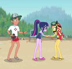 Size: 904x861 | Tagged: safe, screencap, sci-twi, sunset shimmer, timber spruce, twilight sparkle, equestria girls, equestria girls series, g4, unsolved selfie mysteries, beach shorts swimsuit, belly button, bikini, clothes, cropped, feet, female, flip-flops, lifeguard timber, male, midriff, sandals, sci-twi swimsuit, shipping fuel, snorkel, sunset shimmer's beach shorts swimsuit, swimming trunks, swimsuit, trio