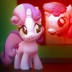 Size: 1920x1920 | Tagged: safe, artist:fillerartist, sweetie belle, pony, g4, 3d, blender, cutie mark, duo, evil, female, filly, looking at self, scared, self ponidox, the cmc's cutie marks, wat, window