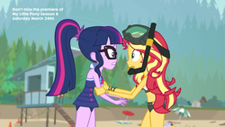 Size: 1920x1080 | Tagged: safe, screencap, sci-twi, sunset shimmer, twilight sparkle, equestria girls, g4, my little pony equestria girls: better together, unsolved selfie mysteries, beach shorts swimsuit, bikini, clothes, duo, duo female, female, geode of empathy, geode of shielding, geode of sugar bombs, geode of super speed, geode of super strength, geode of telekinesis, magical geodes, midriff, shipping fuel, snorkel, sunset shimmer's beach shorts swimsuit, swimsuit