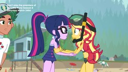 Size: 1920x1080 | Tagged: safe, screencap, sci-twi, sunset shimmer, timber spruce, twilight sparkle, equestria girls, g4, my little pony equestria girls: better together, unsolved selfie mysteries, beach shorts swimsuit, bikini, clothes, female, lifeguard timber, male, midriff, snorkel, sunset shimmer's beach shorts swimsuit, swimsuit, trio