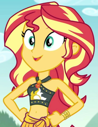 Size: 825x1065 | Tagged: safe, sunset shimmer, equestria girls, g4, my little pony equestria girls: better together, unsolved selfie mysteries, belly button, bikini, bikini top, clothes, cropped, female, geode of empathy, midriff, sarong, solo, swimsuit