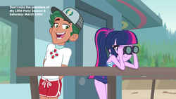 Size: 1920x1080 | Tagged: safe, screencap, sci-twi, timber spruce, twilight sparkle, equestria girls, equestria girls series, g4, unsolved selfie mysteries, clothes, female, lifeguard timber, male, sci-twi swimsuit, shipping, straight, swimsuit, timbertwi