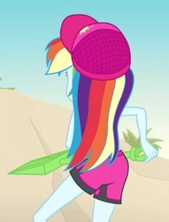 Size: 425x557 | Tagged: safe, screencap, rainbow dash, human, aww... baby turtles, equestria girls, g4, my little pony equestria girls: better together, beach, cap, clothes, cropped, cute, dashabetes, female, hat, rainbow dash's beach shorts swimsuit, rainbutt dash, shorts, shovel, swimming trunks, swimsuit