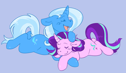 Size: 1200x698 | Tagged: safe, artist:kipaki, starlight glimmer, trixie, pony, unicorn, g4, blue background, cuddling, cute, eyes closed, female, floppy ears, lesbian, mare, open mouth, prone, ship:startrix, shipping, simple background, sleeping, smiling