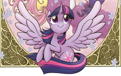 Size: 634x401 | Tagged: safe, artist:brenda hickey, edit, fluttershy, rarity, twilight sparkle, alicorn, pony, g4, cropped, cute, female, mare, smiling, solo focus, spread wings, traditional art, twiabetes, twilight sparkle (alicorn), wings