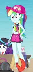 Size: 206x450 | Tagged: safe, screencap, rainbow dash, equestria girls, g4, my little pony equestria girls: better together, too hot to handle, beach, bikini, bikini top, cap, clothes, cropped, cute, dashabetes, female, geode of super speed, hat, magical geodes, shorts, swimming trunks, swimsuit