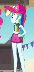 Size: 222x462 | Tagged: safe, screencap, rainbow dash, equestria girls, g4, my little pony equestria girls: better together, too hot to handle, beach, bikini, bikini top, cap, clothes, cropped, cute, dashabetes, female, geode of super speed, hat, magical geodes, shorts, swimming trunks, swimsuit