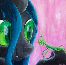 Size: 1024x1012 | Tagged: safe, artist:colorsceempainting, queen chrysalis, changeling, changeling queen, mantis, g4, canvas, cute, cutealis, female, paint, painting, pet, smiling, traditional art, watermark, when she smiles
