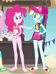 Size: 340x450 | Tagged: safe, screencap, fluttershy, pinkie pie, rainbow dash, equestria girls, g4, my little pony equestria girls: better together, too hot to handle, barefoot, beach, bikini, bikini top, cap, clothes, comforting, cropped, cute, dashabetes, feet, female, hat, sandals, shorts, snow cone, swimming trunks, swimsuit, tray