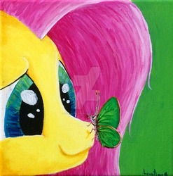 Size: 1024x1036 | Tagged: safe, artist:colorsceempainting, fluttershy, butterfly, pony, g4, canvas, female, paint, painting, smiling, solo, traditional art, watermark