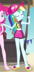 Size: 209x441 | Tagged: safe, screencap, rainbow dash, equestria girls, g4, my little pony equestria girls: better together, too hot to handle, barefoot, bikini, cap, clothes, cropped, cute, dashabetes, feet, female, flip-flops, geode of super speed, hat, magical geodes, pointing, sandals, swimming trunks, swimsuit