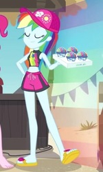 Size: 263x438 | Tagged: safe, screencap, rainbow dash, equestria girls, equestria girls series, g4, too hot to handle, barefoot, bikini, bikini top, cap, clothes, cropped, cute, dashabetes, eyes closed, feet, female, flip-flops, geode of super speed, hat, magical geodes, sandals, show off, snow cone, swimming trunks, swimsuit, tray