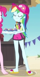 Size: 234x443 | Tagged: safe, screencap, rainbow dash, equestria girls, equestria girls series, g4, too hot to handle, bikini, bikini top, cap, clothes, cropped, cute, dashabetes, eyes closed, feet, female, flip-flops, geode of super speed, hat, magical geodes, sandals, smiling, snow cone, swimming trunks, swimsuit, tray