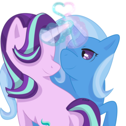 Size: 2000x2000 | Tagged: safe, artist:kingkero, starlight glimmer, trixie, pony, unicorn, g4, female, glowing horn, heart, high res, horn, horns are touching, lesbian, magic, mare, ship:startrix, shipping, simple background, smiling, transparent background