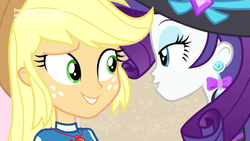 Size: 1920x1080 | Tagged: safe, screencap, applejack, rarity, equestria girls, g4, lost and found, my little pony equestria girls: better together, clothes, duo, duo female, female, hat, shipping fuel, sun hat, swimsuit