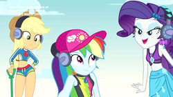 Size: 1920x1080 | Tagged: safe, screencap, applejack, rainbow dash, rarity, equestria girls, g4, lost and found, my little pony equestria girls: better together, clothes, cute, dashabetes, female, hips, jackabetes, phone, raribetes, swimsuit, trio