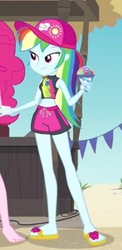 Size: 219x450 | Tagged: safe, screencap, rainbow dash, equestria girls, g4, my little pony equestria girls: better together, too hot to handle, bikini, bikini top, cap, clothes, cropped, cute, dashabetes, feet, female, flip-flops, geode of super speed, hat, magical geodes, sandals, snow cone, swimming trunks, swimsuit
