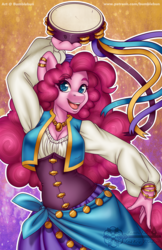Size: 990x1530 | Tagged: safe, artist:bumblebun, part of a set, pinkie pie, anthro, gypsy bard, g4, bard, bard pie, clothes, fantasy class, female, gypsy pie, jewelry, musical instrument, necklace, open mouth, regalia, solo, tambourine