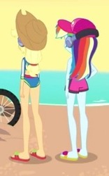Size: 171x274 | Tagged: safe, screencap, applejack, rainbow dash, equestria girls, g4, lost and found, my little pony equestria girls: better together, applebutt, applejack's beach shorts swimsuit, cap, clothes, cropped, female, hat, headphones, rainbow dash's beach shorts swimsuit, rainbutt dash, rear view, swimming trunks, swimsuit