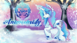 Size: 1024x576 | Tagged: safe, artist:animechristy, oc, oc:sapphire heart song, pony, unicorn, channel banner, floofy mane, magic, oc redesign, redesign, snow, snowflake, tree, winter