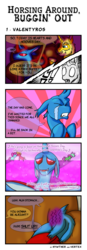 Size: 1070x3089 | Tagged: safe, artist:hywther, artist:vertexthechangeling, oc, oc only, oc:hywther, oc:vertexthechangeling, changedling, changeling, pony, unicorn, comic:horsing around buggin' out, changedling oc, couch, crying, drool, drool string, hearts and hooves day, hercules games, holiday, jontron, love, sega genesis, stomach ache, sunburst background, tears of pain, valentine's day