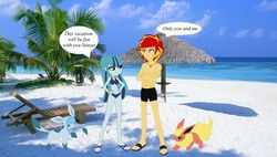 Size: 1500x850 | Tagged: safe, artist:mytri-atari, sonata dusk, sunset shimmer, flareon, glaceon, equestria girls, g4, abs, beach, dialogue, equestria guys, feet, female, half r63 shipping, male, muscles, pokémon, rule 63, sandals, shipping, sonaglare, straight, sunset glare